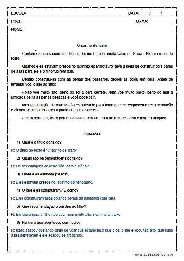 Dicas de Atividades de Português 4° Ano Interpretação de Texto