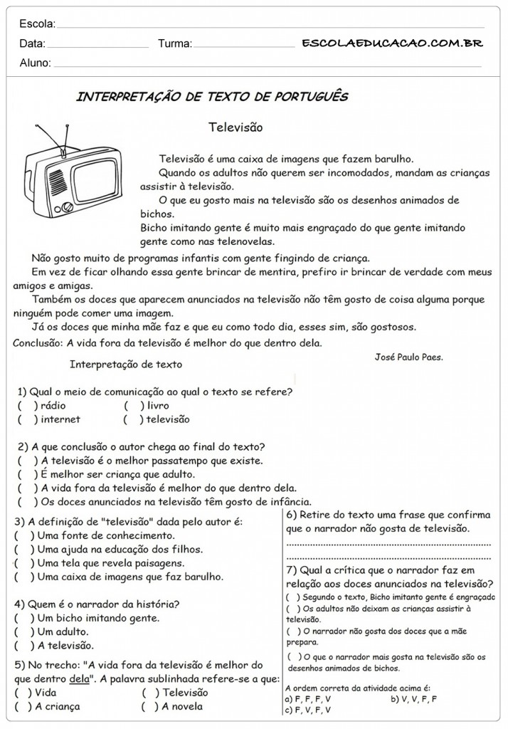 Dicas de Atividades de Português 4° Ano Interpretação de Texto