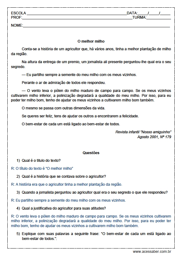 Dicas de Atividades de Português 4° Ano Interpretação de Texto