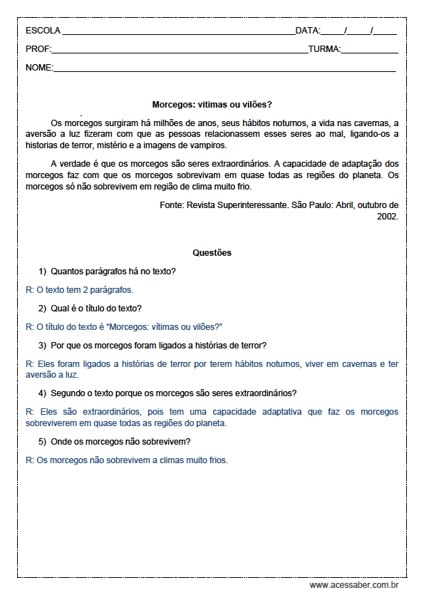 Dicas de Atividades de Português 4° Ano Interpretação de Texto