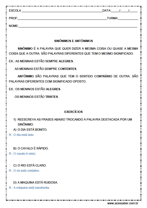 Dicas de Exercícios de Sinônimos e Antônimos com Gabarito