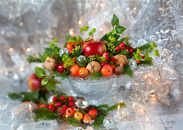 decoração de mesa de natal com frutas