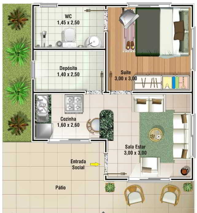 casa com 1 quarto planta gratis